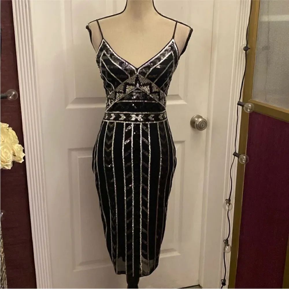 Express Glamorous Black and Silver Sequin Midi Dress, XS